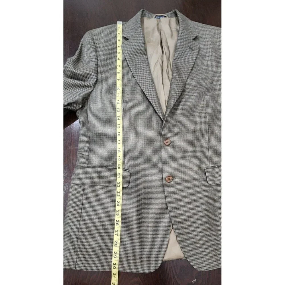 Ralph Lauren Mens Blazer Jacket Single Breasted 42R Houndstooth Brown Silk Blend
